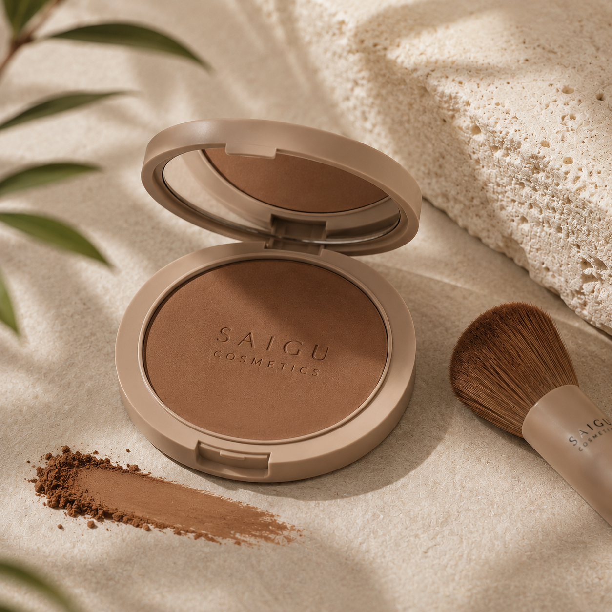 Polvo bronceador natural de Saigu Cosmetics en tono oscuro, con acabado cálido y elegante, presentado con brocha sobre fondo beige minimalista.